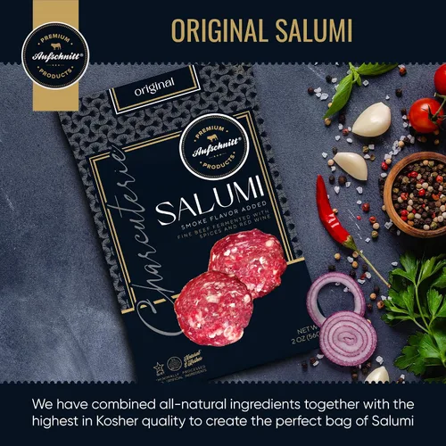 Vista 2 de Aufschnitt Meats Kosher Salumi - Salchicha en rodajas, carne de embutidos - Carne fermentada fina - 2 onzas, original, paquete de 12