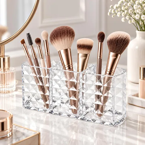 Vista 3 de MOSIKER Soporte para brochas de maquillaje para tocador, acrílico transparente, pequeño, compacto, delineador de labios, delineador de labios