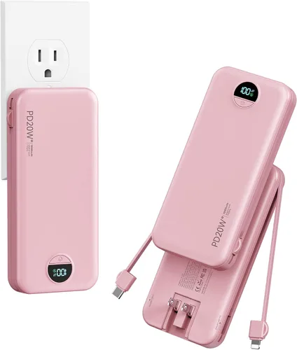 Vista 14 de Banco de poder aonidi de 12000mAh ultraportátil con cables y enchufe de pared AC incorporados, paquete de batería para teléfono celular con carga