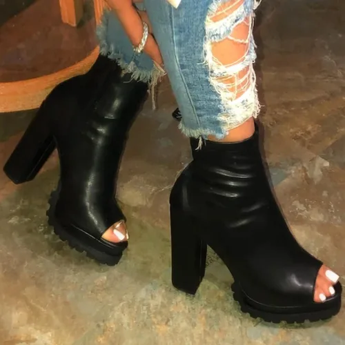 Vista 2 de Botines de punta abierta para mujer, botines de tacón grueso, tacón de bloque grueso, botines de tacón alto, botines de tacón alto, botines de punta