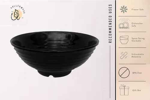 Vista 8 de Juego de 4 cuencos de ramen, 12 piezas Pho. Sopa japonesa asiática negra. Utensilio: cucharas y palillos. Melamina. Fideos grandes de 37 oz, arroz