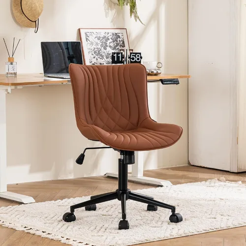 Vista 10 de YOUTASTE Silla de escritorio de oficina sin brazos con ruedas, silla giratoria ajustable, tapizada de piel sintética, soporte ergonómico