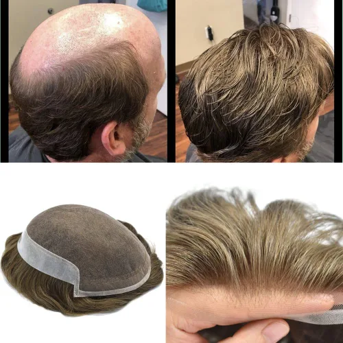 Vista 14 de Toupee para hombres sistemas de reemplazo de piel sintética con encaje suizo para hombre, nudos blanqueados, línea capilar natural para hombres