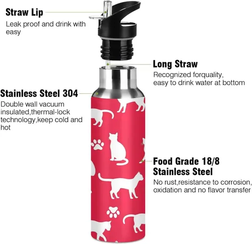 Vista 3 de Insulated Stainless Steel Water Bottle with Straw 32 Oz, Leakproof Water Bottles for Gym Outdoor Travel School, White Cat Paw Prints Red