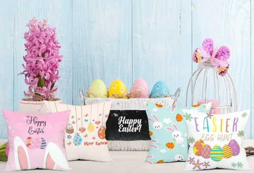 Vista 5 de Jbralid Juego de 4 fundas de almohada de Pascua con dibujos animados, huevos de conejo de Pascua, fundas decorativas de algodón para sala de estar