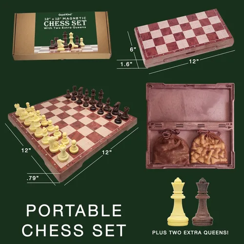 Vista 4 de Juego de ajedrez de viaje magnético para niños y adultos. Juego de mesa de ajedrez portátil de 12 x 12 pulgadas para principiantes y jugadores
