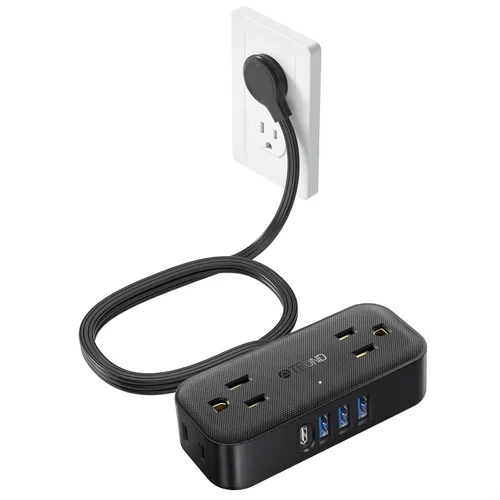 Vista 11 de TROND Regleta de alimentación de enchufe plano de 3 pies, cable de extensión plano pequeño con múltiples tomas, 4 puertos de CA y 4 puertos USB