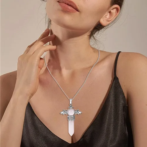 Vista 6 de Collar de cristal curativo para mujer, collar con colgante de alas de ángel, collar de piedras preciosas de cristal para mujeres y hombres, colgante