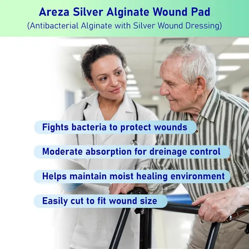 Vista 3 de Areza Silver - Almohadillas antibacterianas de alginato de calcio para heridas, estériles, antiadherentes, altamente absorbentes; para drenaje