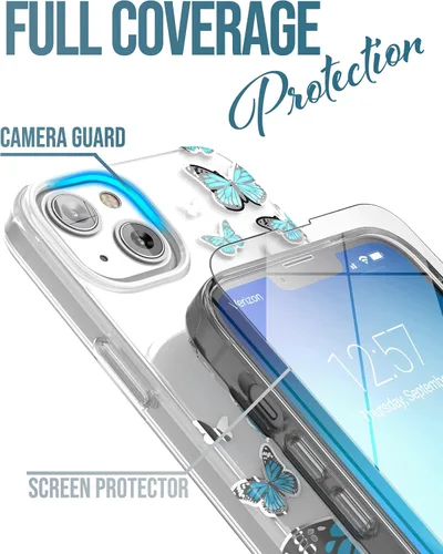 Vista 2 de ENCASED Funda para iPhone 14 diseñada para iPhone 14 con correa de mano, soporte para teléfono y protector de pantalla (mariposa azul)