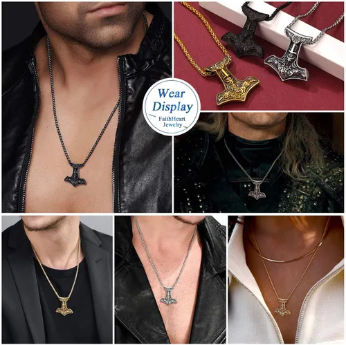 Vista 6 de FaithHeart Collar con colgante de runas vikingas nórdicas, martillo de Thor, brújula nórdica, Odín, cuervo, para hombres y mujeres, con embalaje
