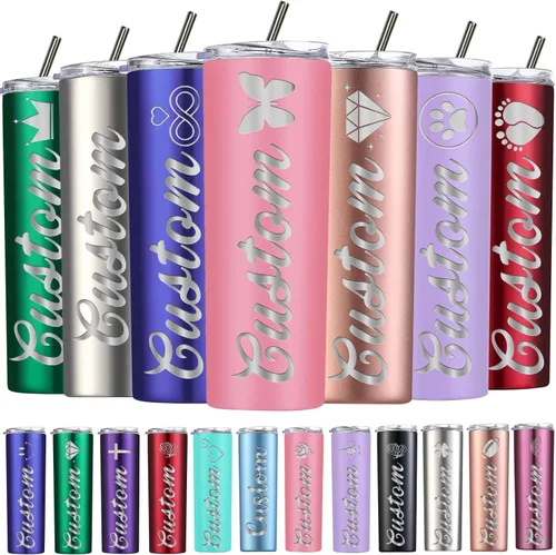 Vista 10 de Vasos delgados personalizados con tapas y pajitas, vaso delgado de acero inoxidable grabado con láser, vasos personalizados con nombre de 20 onzas