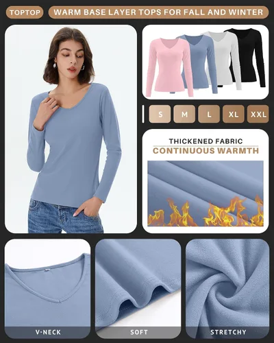 Vista 5 de Paquete de 4 camisas térmicas de manga larga para mujer, con forro polar, cuello en V, ropa interior ajustada, capa base, básica, tops cálidos