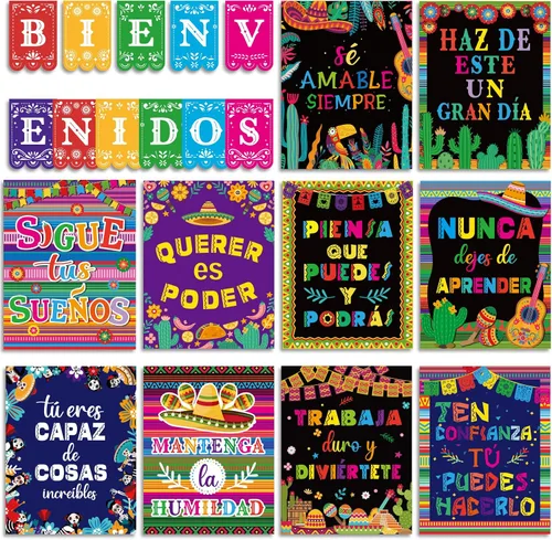 Vista 10 de gisgfim 21 pósteres inspiradores españoles de Bienvenidos, color negro, colorido, motivacional, juego de tablones de anuncios para el aula, oficina