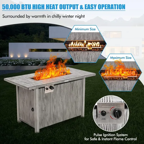 Vista 4 de Tangkula Patiojoy - Mesa de fuego de propano de 43 pulgadas, mesa de fuego de gas para exteriores de 50,000 BTU con mesa de grano de madera