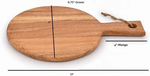 Vista 5 de Samhita Tabla de cortar redonda de madera de acacia con mango para cortar y servir embutidos, queso, pizza, pan, decoración de pared