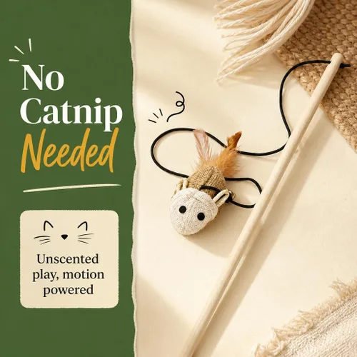 Vista 8 de Juguetes de varita de gato gatito, sisal con ratón, campana, pluma, cuerda elástica, palo de madera resistente, diversión interactiva, ratones
