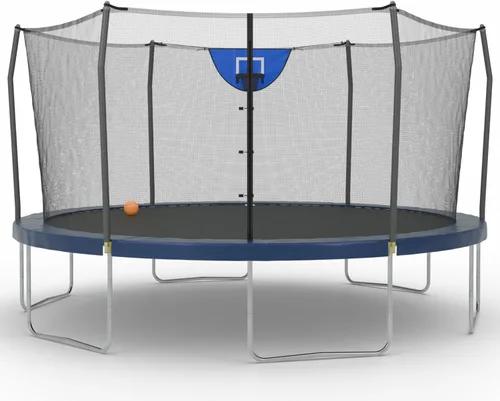 Vista 9 de Skywalker Trampolines Cama elástica al aire libre de 8 pies, 12 pies, 15 pies Jump N’ Dunk redonda con red, colchón de trampoline y aro de Azul