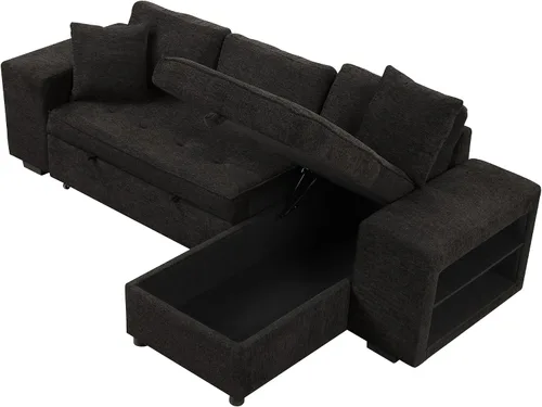 Vista 6 de Sofá cama modular de 104 pulgadas con diván de almacenamiento y taburetes para sala de estar, moderno sofá cama extraíble de 3 asientos