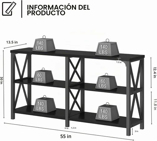 Vista 2 de LVB Mesa Consola Negra, Mesa de Entrada Moderna con 3 Niveles de Estantes de Almacenamiento, Mesa de Sofá Industrial Detrás del Sofá para Sala
