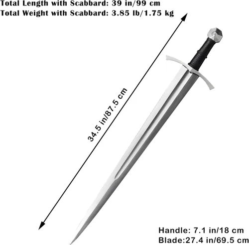 Vista 2 de Medieval Full Tang Spring Steel Knight Arming Sword with Scabbard for Outdoor Use, Practice, Collection