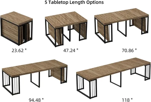 Vista 5 de KEIKI Mesa de comedor plegable extensible de 23.62 a 118 pulgadas de largo para 2 a 10 personas, muebles de madera moderna y rústica rectangular