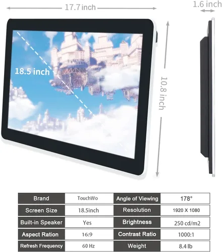 Vista 7 de Tableta con monitor de pantalla táctil Android 12 de 18.5 pulgadas, FHD 16:9 1080P, WiFi y BT, altavoces integrados, RK3588 4GB RAM y 64GB ROM