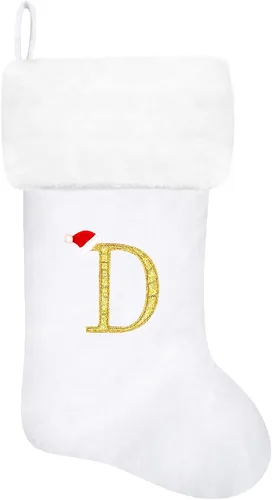 Vista 108 de Calcetines de Navidad bordados de 20 pulgadas con monograma, terciopelo negro con puño de felpa blanca supersuave, adornos clásicos para decoración