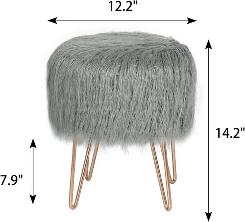 Vista 2 de Adeco Taburete otomano redondo de piel sintética con patas de metal, reposapiés suave y peludo, asiento acolchado, muebles decorativos tapizados Gris