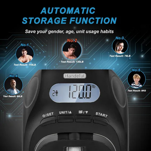 Vista 6 de Handeful Digital Grip Strength Tester, dinamómetro de mano de 397 libras, negro 397 lb Capacity; 0.2 lb Increments; 19 Memory Records; Adjustable