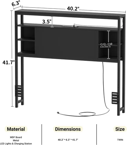 Vista 3 de Unikito Cabecera individual con almacenamiento, cabeceros con toma de corriente y luces LED inteligentes, cabecera resistente para cama