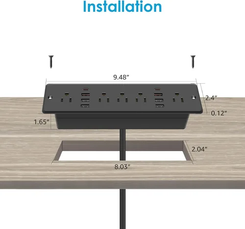 Vista 3 de HHSOET Regleta de enchufes empotrada de 13 en 1 con enchufe plano, tomacorriente para muebles de carga rápida con USB, enchufe de protección contra