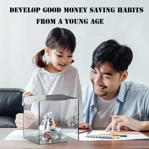 Vista 3 de Alcancía transparente para adultos y niños, caja de ahorro de dinero de acrílico, alcancía no se puede abrir para adultos, tarro de propina