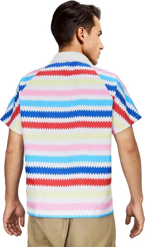 Vista 3 de Allan - Camisa de disfraz a rayas para adultos, para hombre, diseño de arco iris, playa, hawaiana, Halloween, cosplay, camisa de manga corta