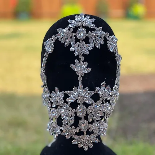 Vista 3 de STONEFANS Máscara de mascarada de diamantes de imitación, joyería de cara completa para mujer, máscara de Mardi Gras, cadena de cristal para la cara