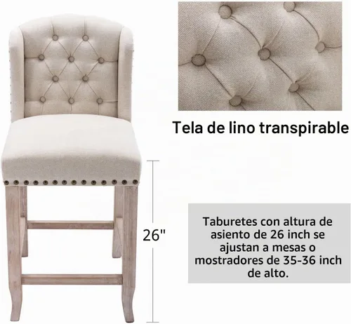 Vista 6 de LukeAlon Juego de 4 taburetes de lino con respaldo copetudo de 26 pulgadas, color beige