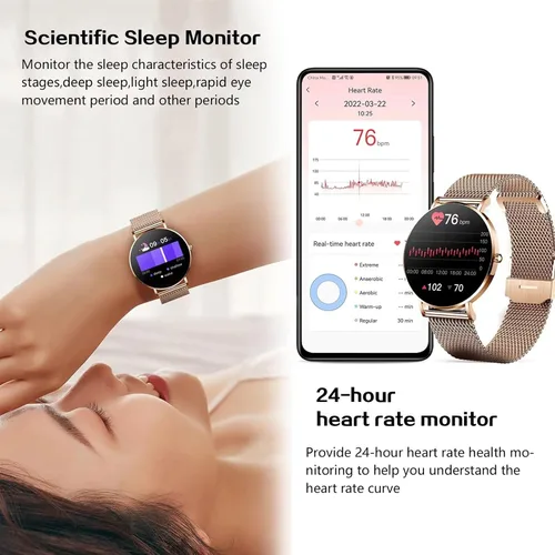 Vista 4 de Reloj inteligente de moda para mujeres y hombres, pantalla táctil Bluetooth, reloj inteligente de acero inoxidable/correa de nailon para monitoreo