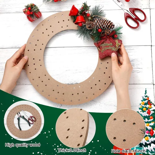 Vista 3 de Thyle 6 tableros redondos de corona con agujeros de madera para coronas de verano, tableros de flores, anillos de madera, suministros de marco