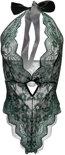Vista 6 de Lencería sexy para mujer, lencería de malla de encaje de una pieza, color liso, talla grande