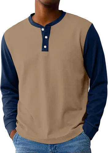 Vista 10 de Camisas de manga larga Henley con bloques de color para hombre, estilo casual, con botones, clásica, suave, transpirable