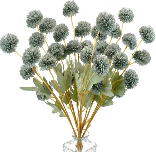 Vista 25 de Mandy's 6 tallos de seda beige Kiku flores de bola Tallos artificiales de crisantemo para decoración del hogar, verano, arreglo floral sintético