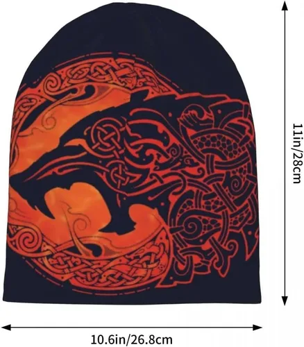 Vista 4 de Gorro de lobo vikingo con diseño de lobo nórdico de fenrir nórdico impreso, cálido, holgado, unisex, para pareja