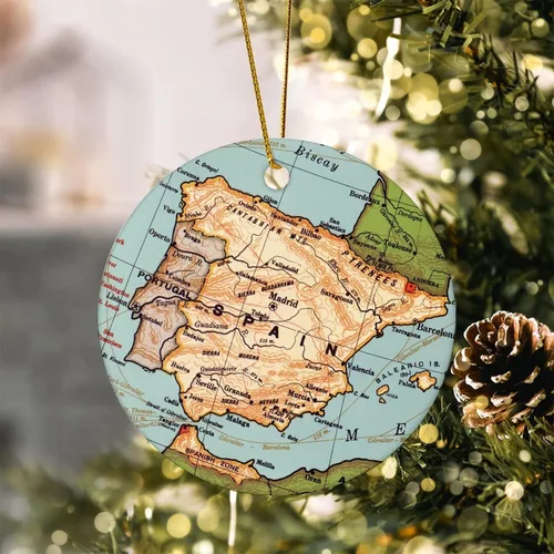 Vista 4 de Adorno de Navidad con mapa de España, adorno de árbol de Navidad, destino de 3.2 pulgadas, dos lados impresos con cuerda dorada, adorno moderno