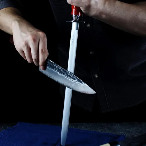 Vista 3 de Afilar de acero afilador de cuchillo Rod plano 10 pulgadas afilando acero para cuchillos rojo
