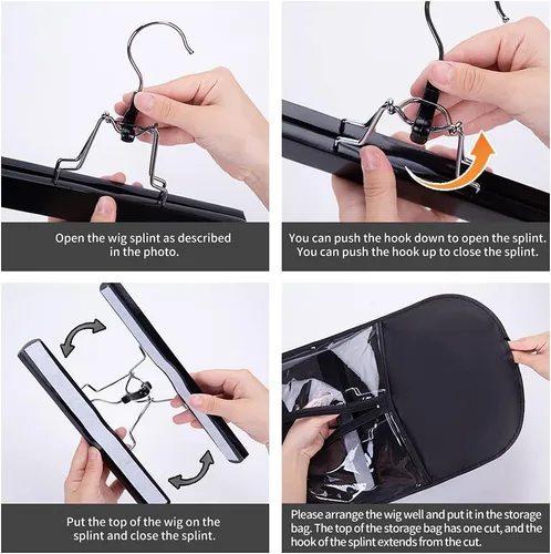 Vista 4 de Bolsas de almacenamiento para peluca con colgador: 3 piezas de extensiones de cabello, ganchos para extensiones de cabello (negro)