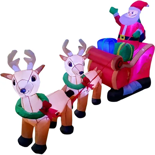 Vista 6 de SEASONBLOW Reno Inflable de Navidad con LED de 8 Pies que Tira del Trineo Llevando a Papá Noel Decoración Navideña para Patio Césped Jardín Hogar