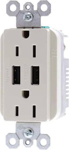 Vista 2 de Legrand Radiant TM826USBLACCV4 - Receptáculo de salida dúplex resistente a manipulaciones de 15 amperios con cargador USB tipo A de 3.1 A, almendra