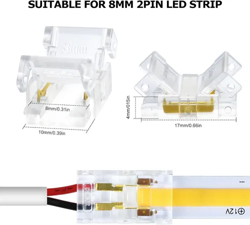 Vista 2 de LightingWill Conectores LED de 2 pines de 0.315 in, 10 unidades DC hembra conector transparente sin soldadura, conector de luz de cinta LED 2
