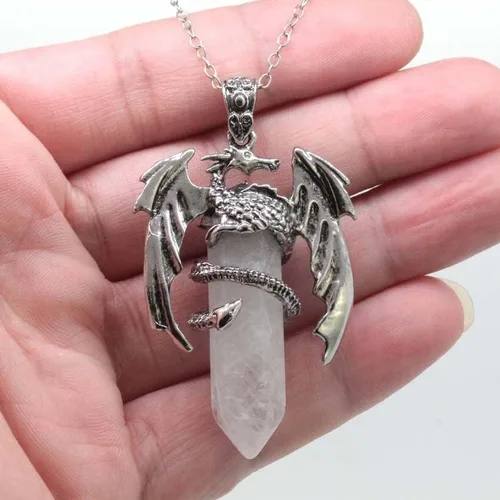 Vista 6 de Colgante de piedra rosa y rosa de cristal curativo para mujer, collar hexagonal de hombre dragón para mujer, regalo de joyería vintage, EA15N