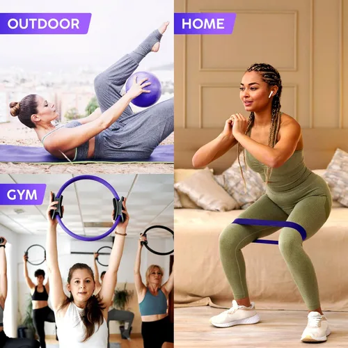 Vista 5 de Juego de anillos de pilates y bolas, kit de pilates para el hogar con anillo de ejercicio de 14 pulgadas, 4 bandas de resistencia